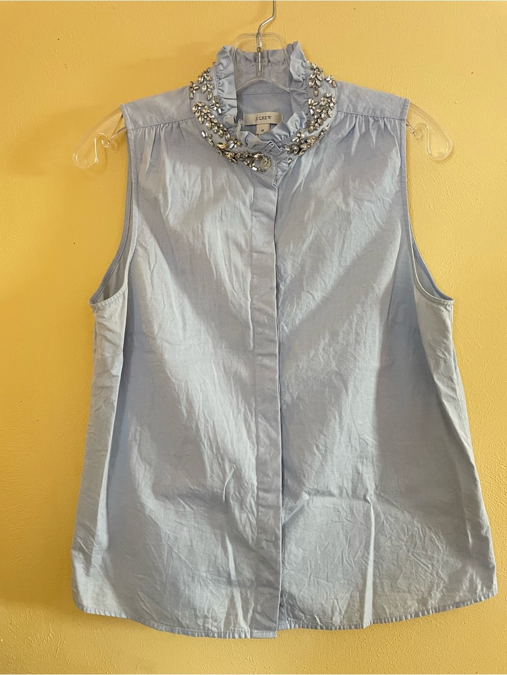 J. Crew Sleeveless Light Blue Ruffled Collar Top with Embellished Neckline - Picture 2 of 6